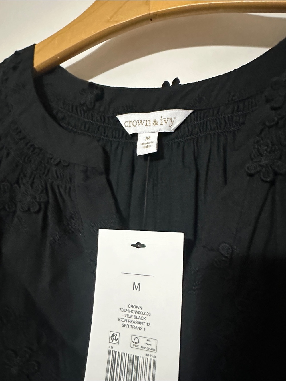Crown and ivy Black Embroidered Peasant Top - Picture 2 of 4